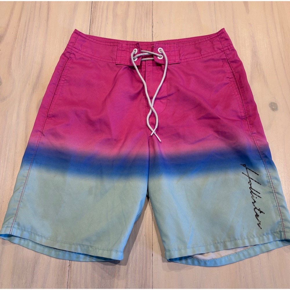 Hollister Mens Ombre‎ Board Shorts Pink Blue Swim Trunks SZ 26 Mesh Lined Surger